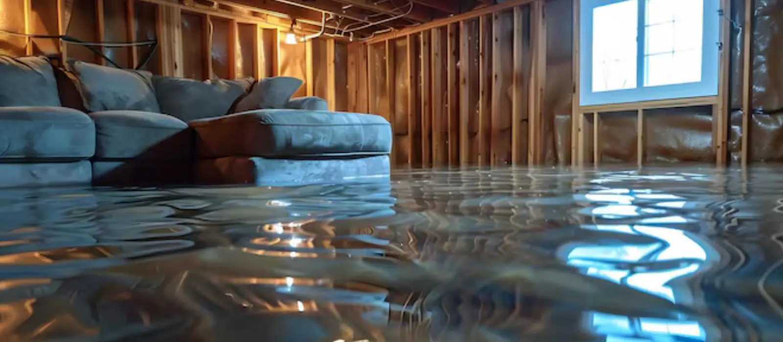 Finished basement with wood-framed walls and a sofa sitting in standing water