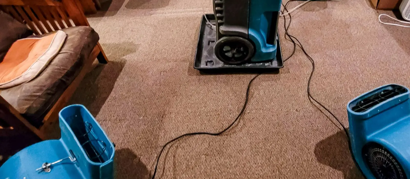 Air movers and a dehumidifier running on wet carpet in a living room