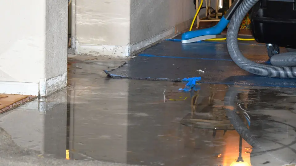 Extraction hose and wand on a flooded basement floor