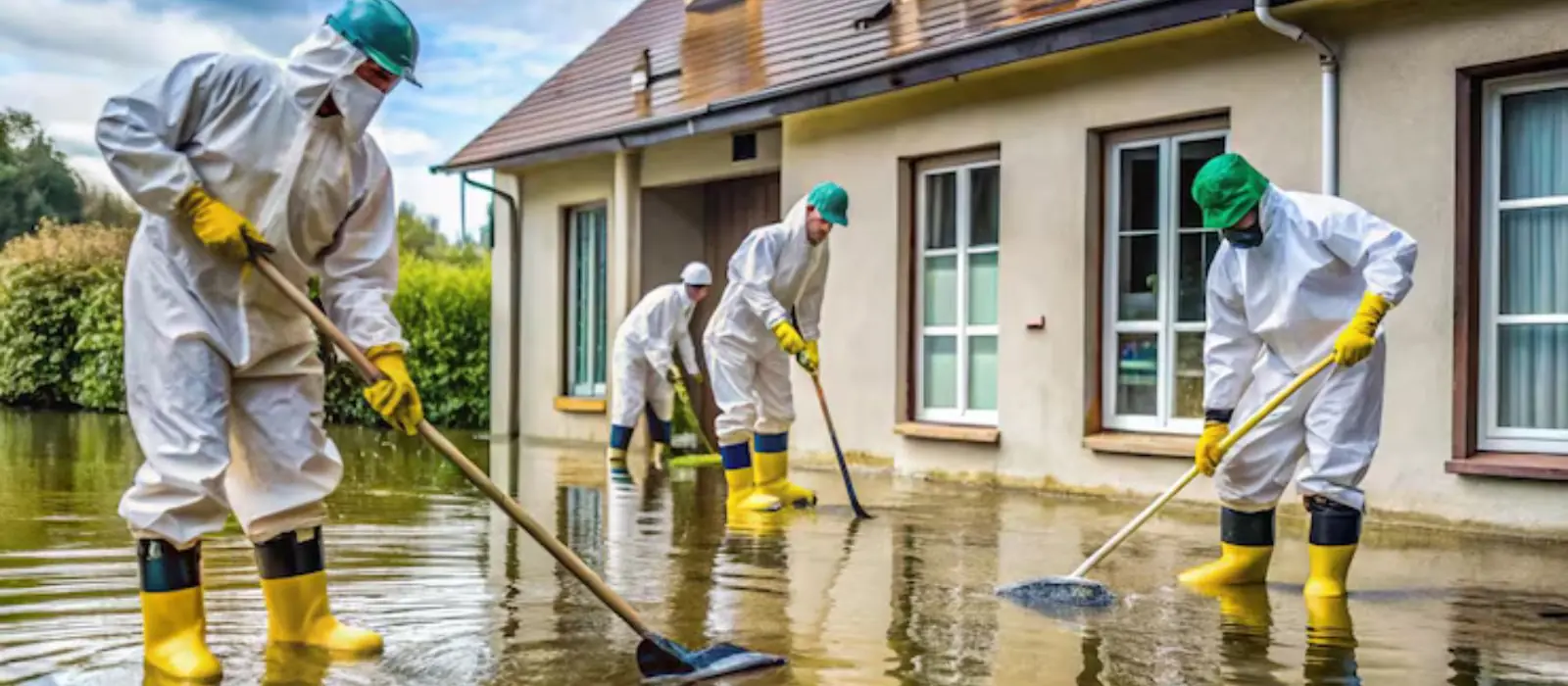 Crew in protective suits and yellow boots clearing floodwater around a house